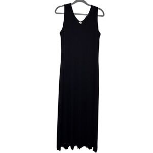J. Jill Womens Black V-Neck Sleeveless Maxi Dress Scalloped Lettuce Hem‎ Large